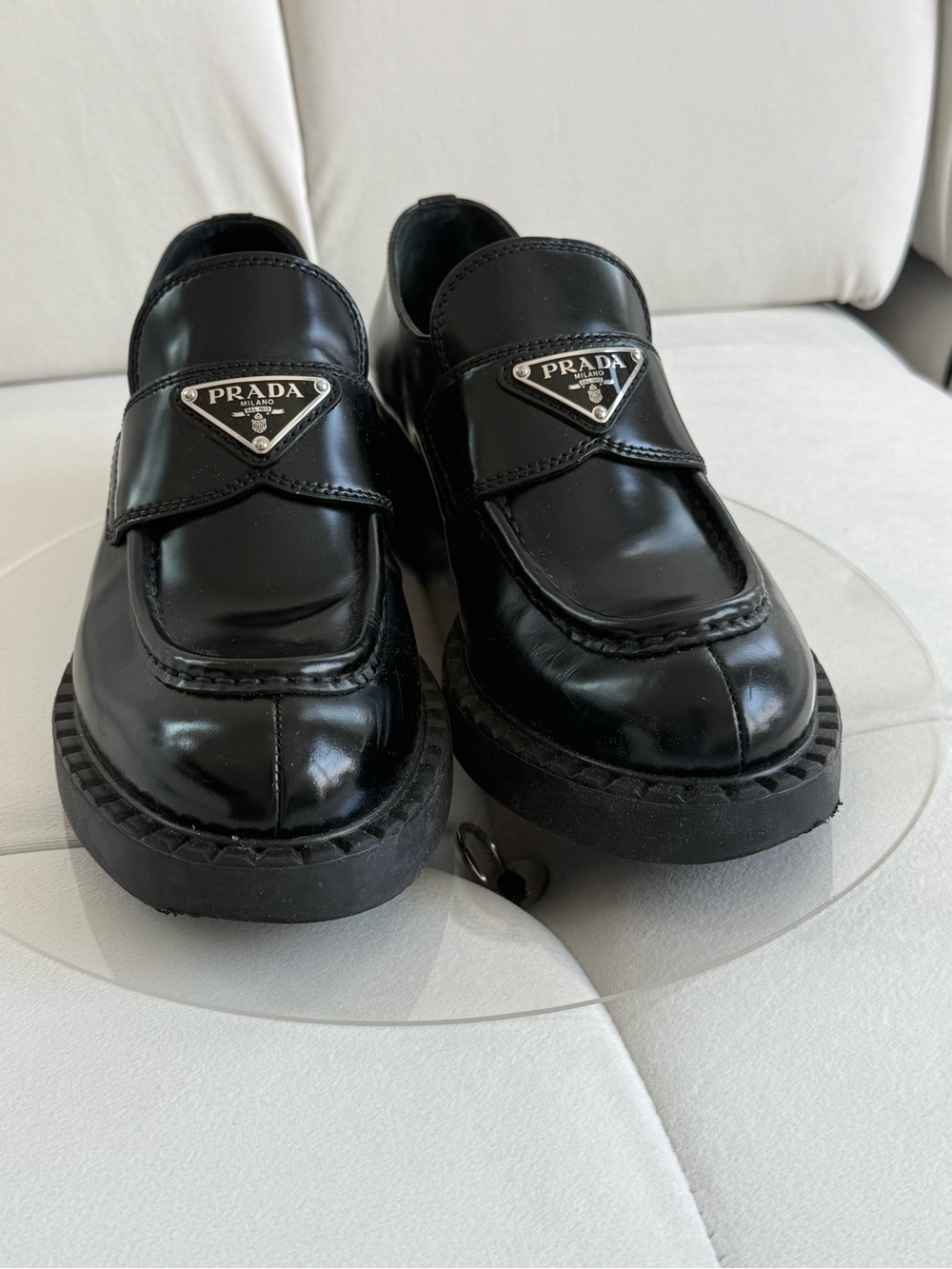 Prada Black Leather Platform Loafers Triangle Logo Women Shoes EU 37 $1270 store - Picture 2 of 13